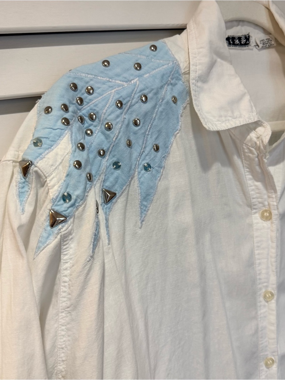 Vintage First Class Western Studded Button-Up Shirt White Blue Cotton Size 38/18
